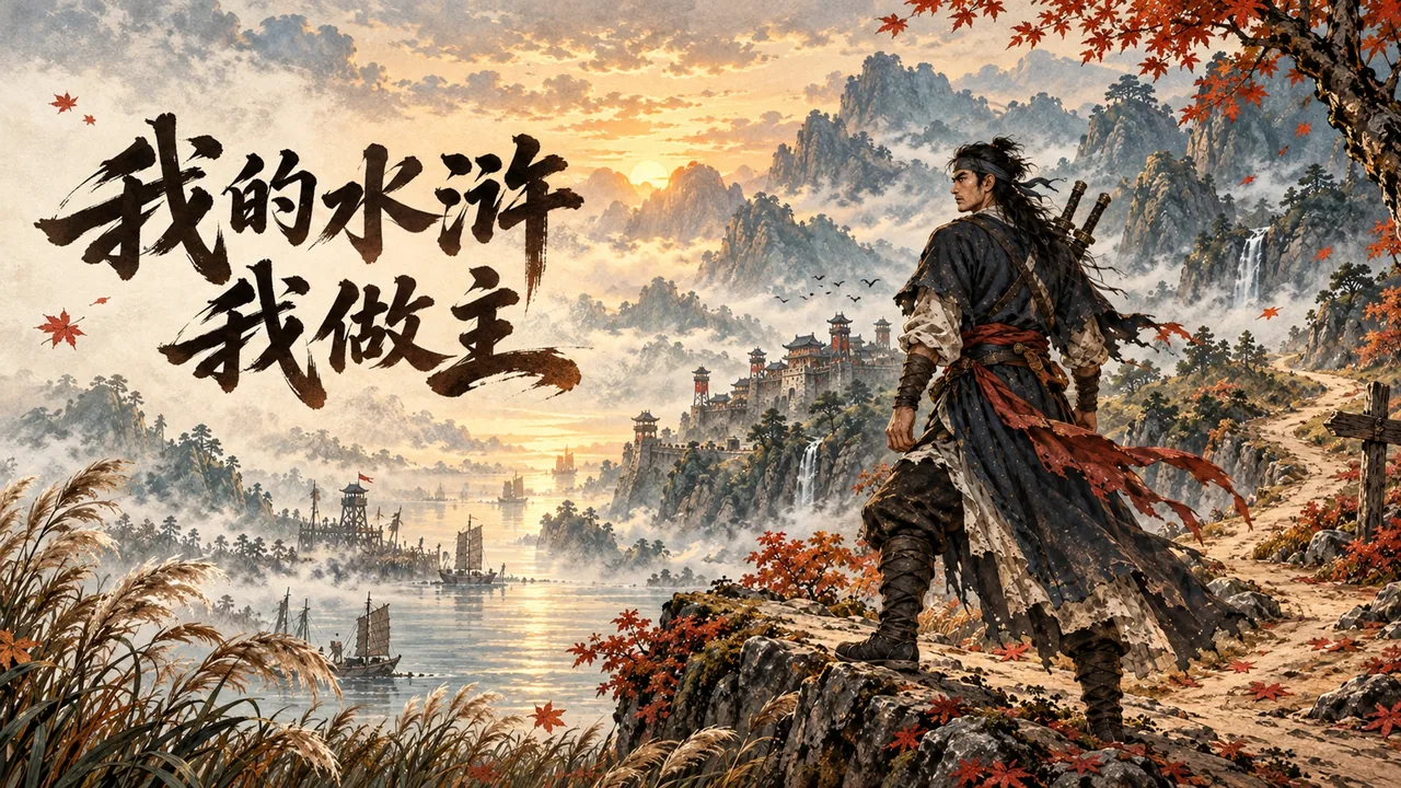 《我的水浒我做主》：武松立于山道，远处是水泊、山峦与寨楼